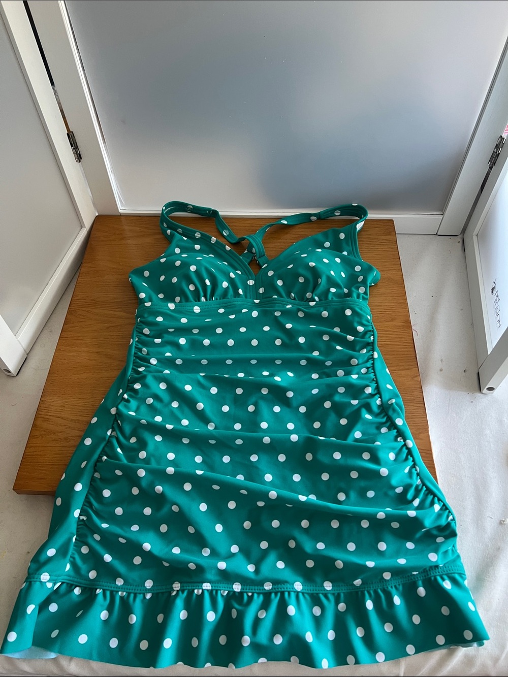 Beach Diva  green teal polka dot skirt swim suit size 10
